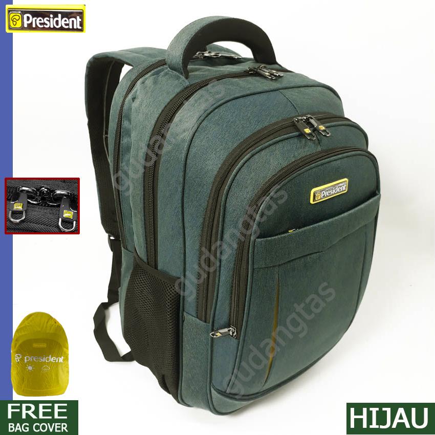 President  Tas Ransel Backpack 18 Inchi 0662603 laptop HIJAU Bonus Bag Cover Pria Wanita Kantor Kuliah Travelling