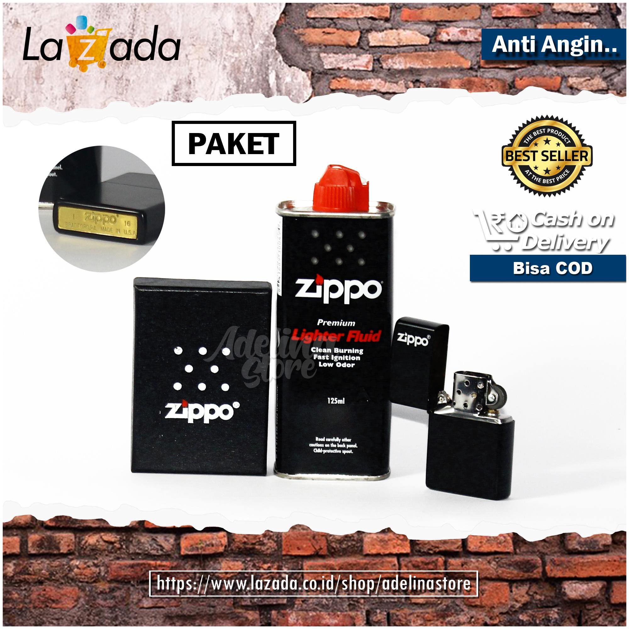 Bisa COD - Paket Hemat Zippo Classic Hitam Color Seri F 15 + Minyak Zippo Original 125ml - Random