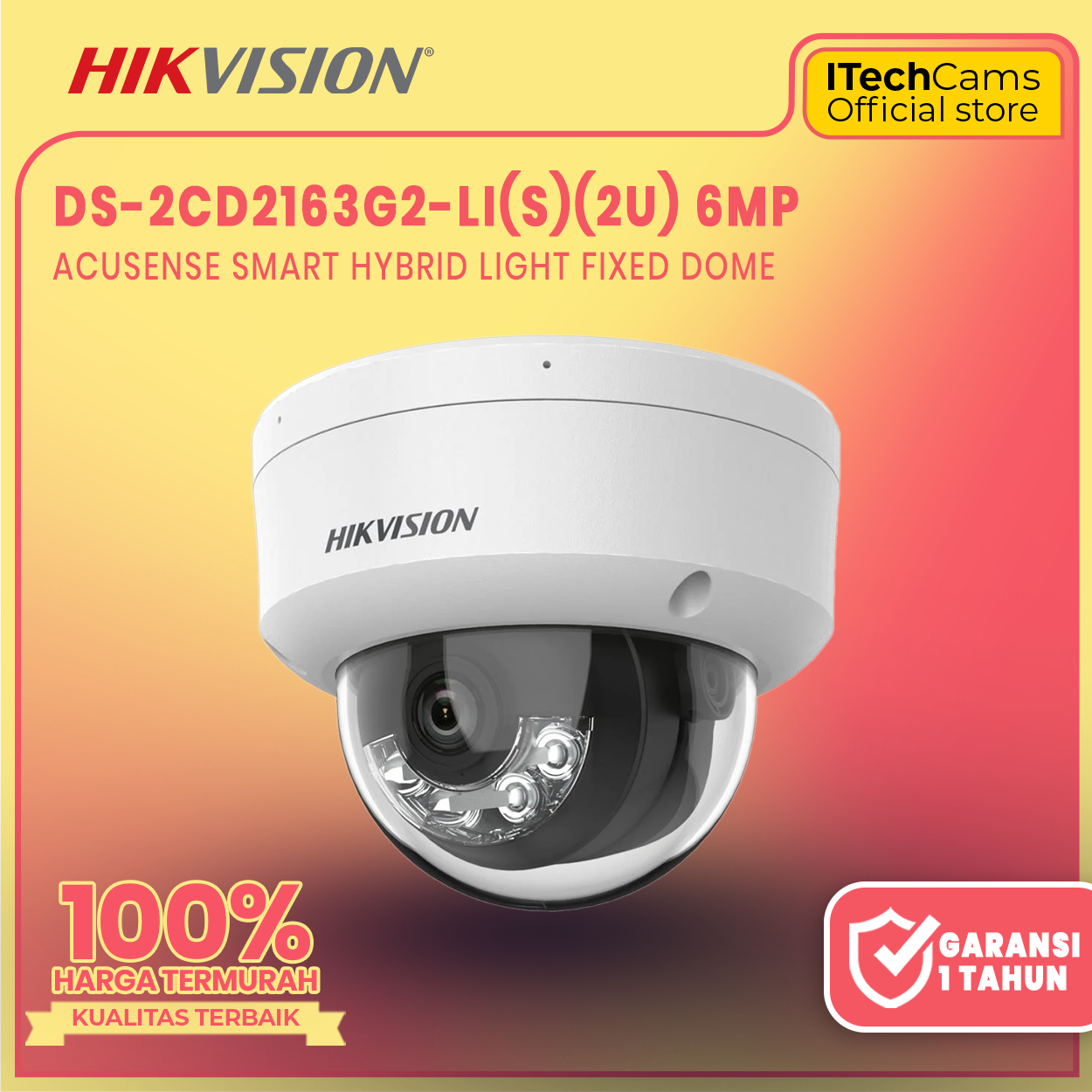 Hikvision Camera 6MP DS-2CD2163G2-LI(S)(2U) Acusense Smart Hybrid Light  Fixed Dome Network - Main Image