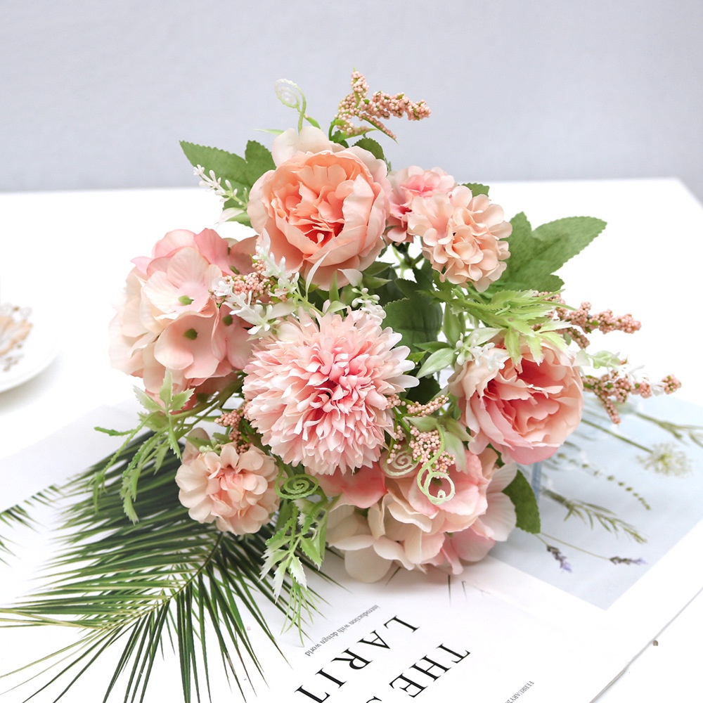 BUKET BUNGA PEONY POM POM HYDRANGEA Bunga Rose Artificial Plastik Palsu ...