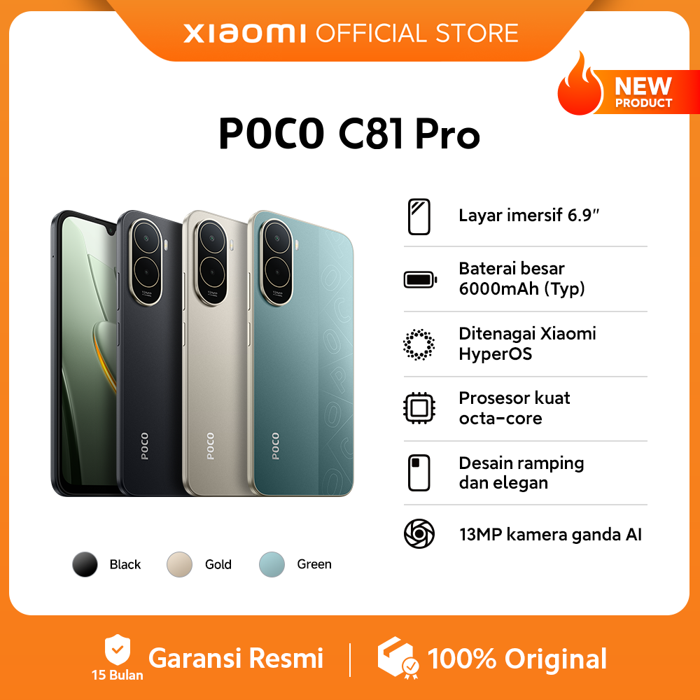 POCO C81 Pro (4GB/128G) (4GB/64GB) | Layar imersif 6.9" | Baterai besar 6000mAh (Typ) | Ditenagai Xiaomi HyperOS | Prosesor kuat octa-core | Desain ramping dan elegan | 13MP kamera ganda AI | HP 1 Jutaan [Xiaomi Official Store]