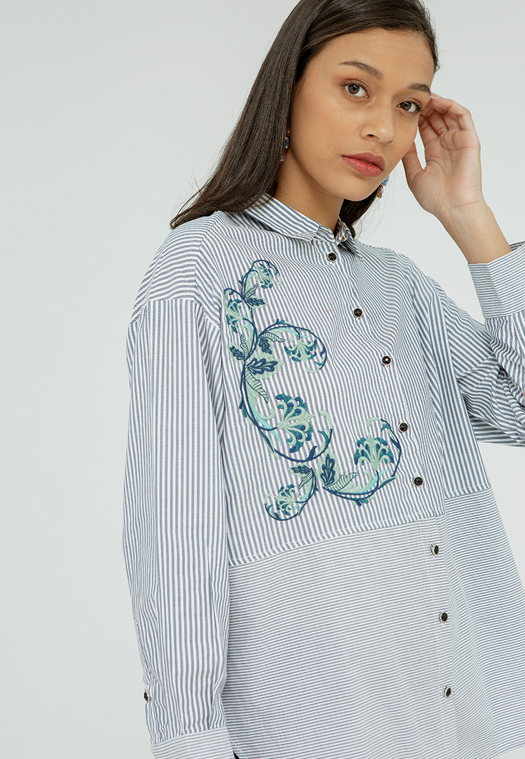 Mix Striped Embroidered Shirt BLUE 