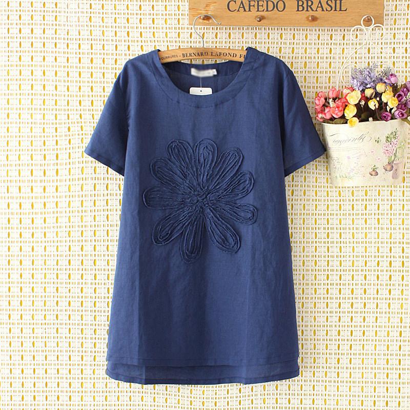 2019 ukuran besar baju wanita MM pakaian musim panas longgar model setengah panjang kaus Atasan adik perempuan gemuk kain linen lengan pendek baju kaos wanita