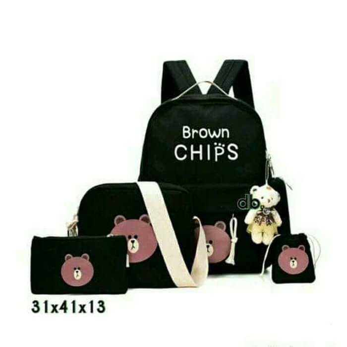 Tas Ransel 4in1 Brown Chips - Merah Muda / Promo Tas Ransel Wanita Murah Kecil Lucu Terbaru Import Korea Batam Untuk Kuliah Miniso Elizabeth