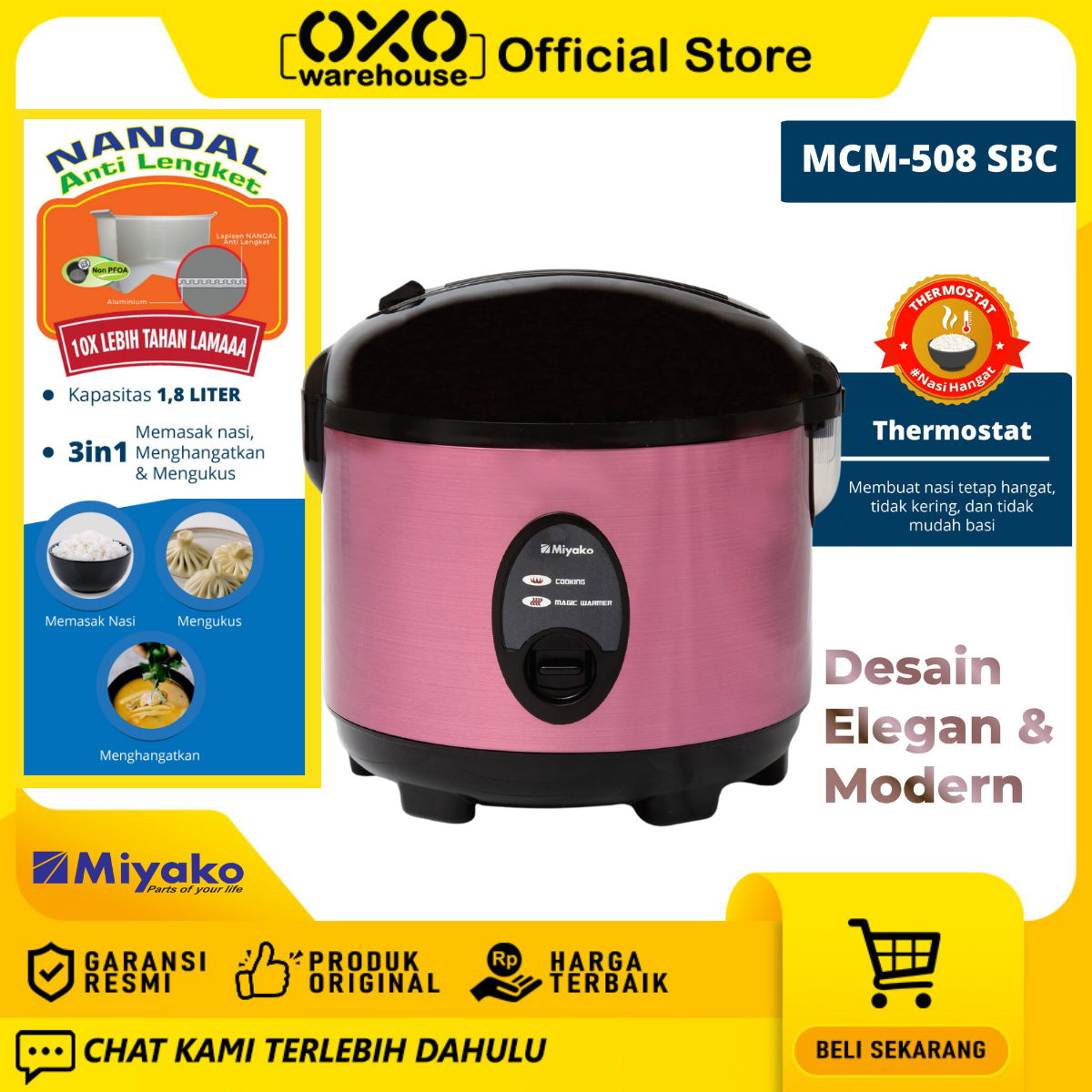 Miyako Rice Cooker 1,8 Liter Nanoal Anti Lengket MCM 508 SBC Garansi