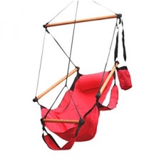 Flexzion Tali Gantung Kursi Ayunan (Merah) AIR DELUXE Sky Swing Kursi Luar Rumah Kayu Solid 250lb dengan Bantal Lengan Menangkap Pijakan Kaki dan Dudukan Tempat Minum untuk Patio Furniture Berkemah Perjalanan teras Lounge-Intl