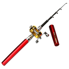 Getek Mini Teleskopik Portabel Aluminium Aloi Saku Pena Ikan Kail Pancing Joran Plus Reel (Merah)
