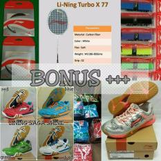 PAKET PROMO RAKET LINING TURBO X77 ATAU TURBO X99 ORIGINAL BONUS SEPATU LINING RAZOR ATAU SAGA SHINE FREE SENAR AP64 TAS ORI 1R KAOS HANDGRIP
