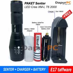 PAKET Senter E17 LED Cree XM-L T6 2000 Lumens + Battery + Charger