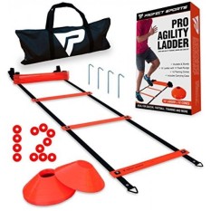 Pro Agility Ladder and Cones - 15 ft Fixed-Rung Speed Ladder with 12 Disc Cones for Soccer, Football, Sports Training - Includes Heavy Duty Carry Bag, etal Stakes and Top 20 Agility Drills eBook