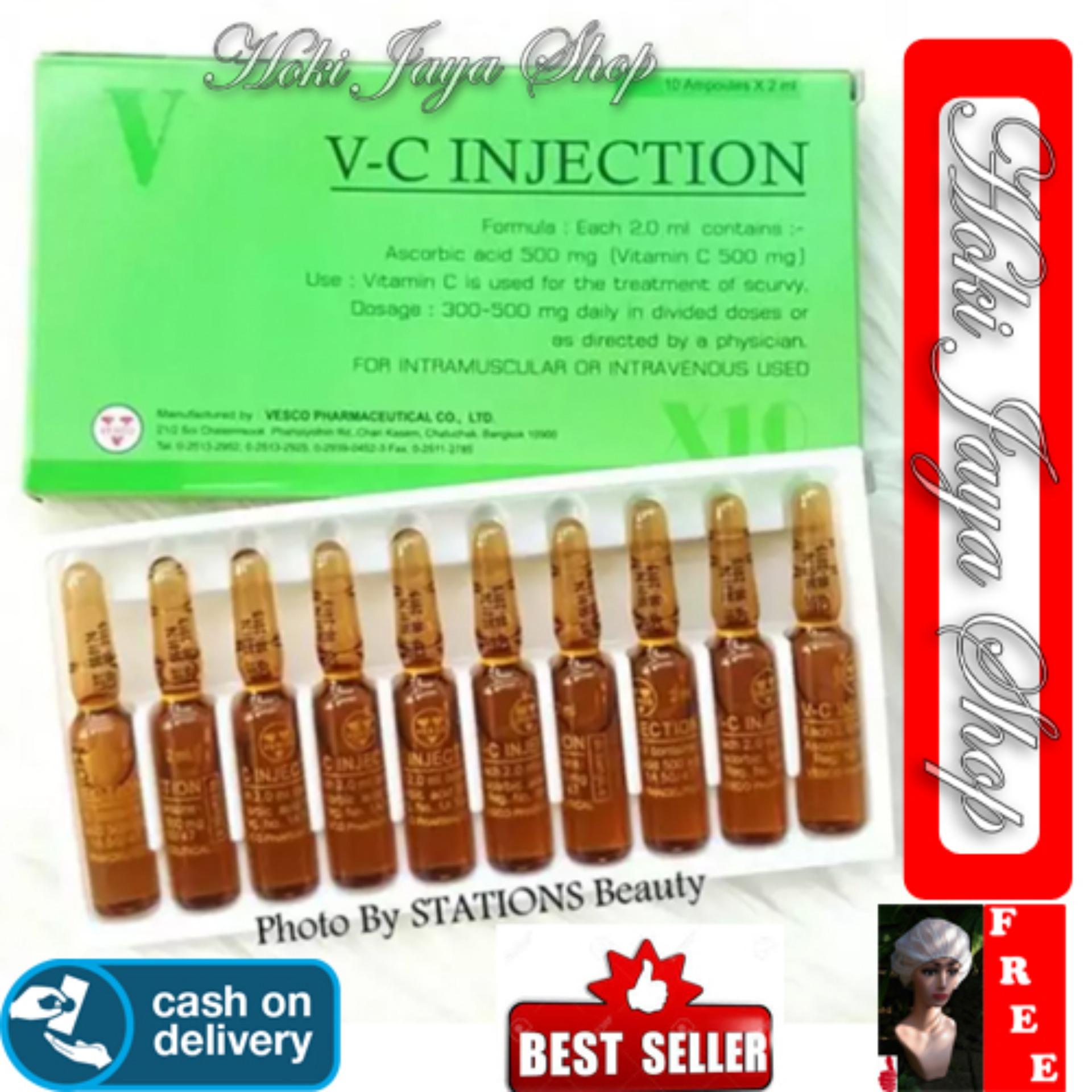 HOKI COD - VC Injection 1 Box Isi 10 Ampul - / Vitamin C Injection / VC Injeksi / Serum Vitamin C Ascorib Acid 100% Original Thailand - GM 1 + Shower Cap Putih - Premium