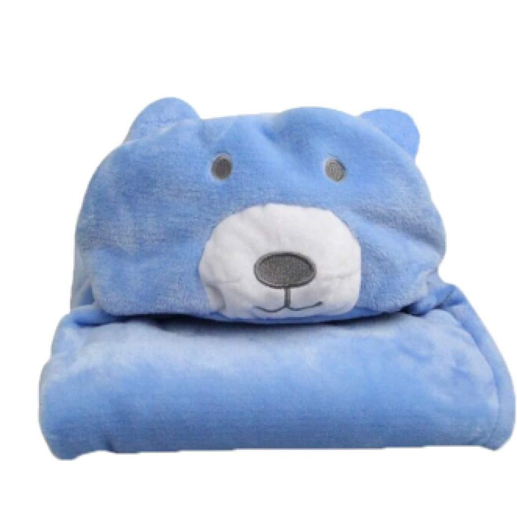 MomBaby Selimut Topi Double Fleece / Selimut Hoodie 3D / Hoodie Blanket Tudung / Selimut Topi Animal - Beruang Biru