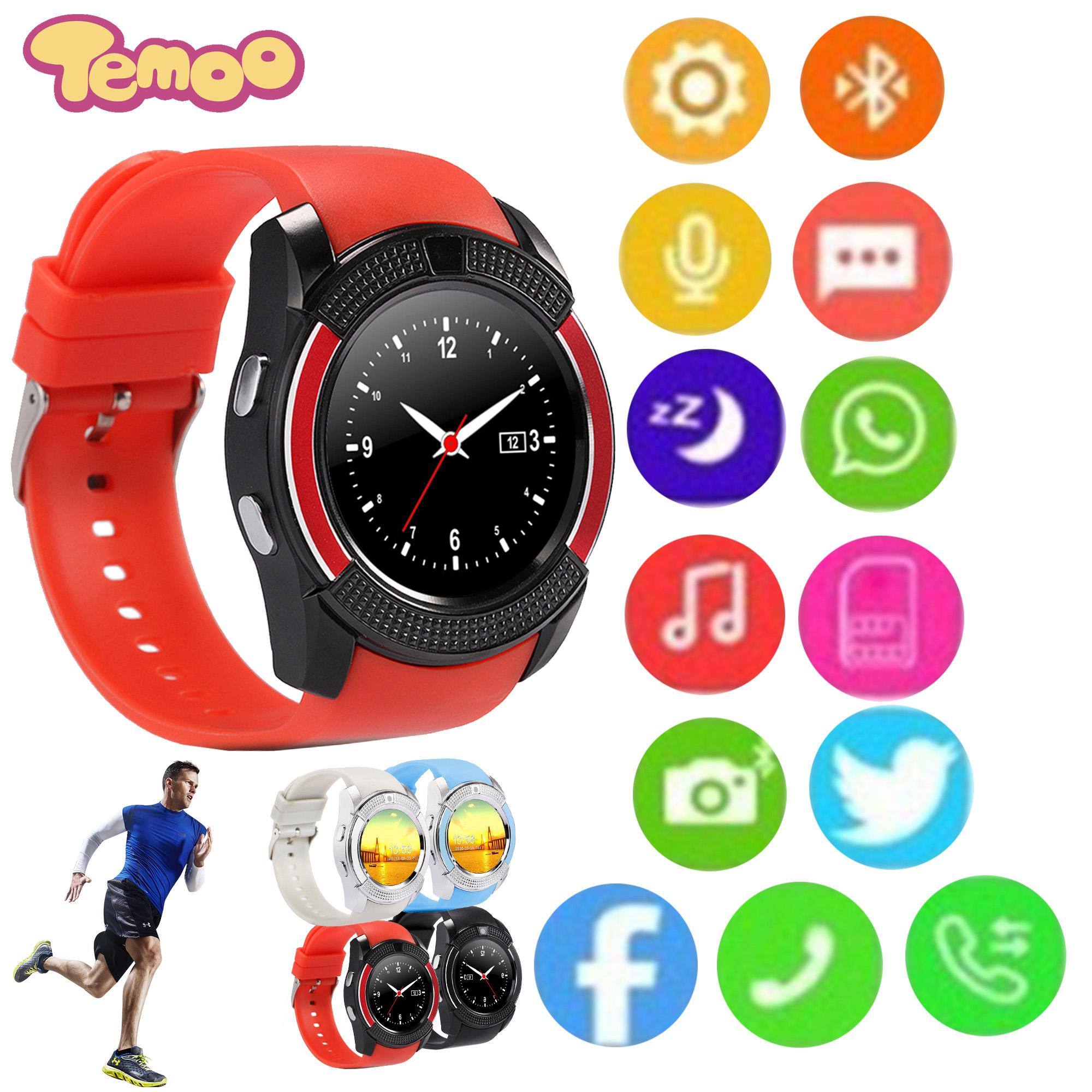 Temoo Yuero Asli Smartwatch V8 Pria Bluetooth Sport Jam Tangan Wanita Rel Gio Jam Tangan Pintar dengan Kamera SIM Slot Kartu Ponsel Android PK DZ09 Y1 A1 jam tangan imoo watch phone z5 hp aimo imo waterproof murah Kids Phone Call dengan Mikrofon Dukungan