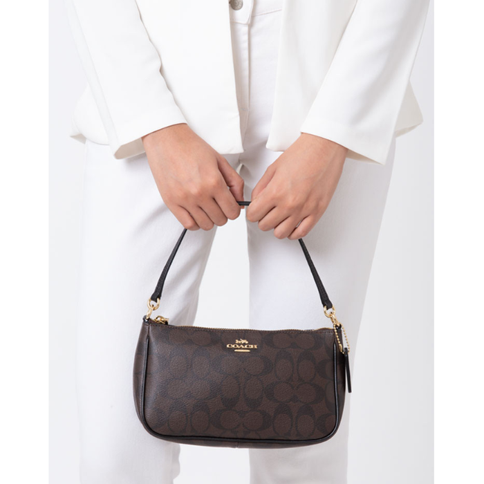 Coach Top Handle Pouch In Signature Brown Black Original 100