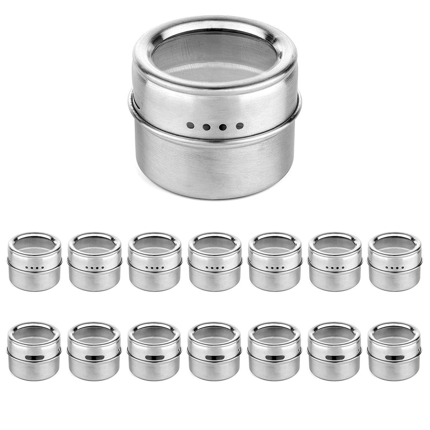 Magnetic Spice Jar With A Strong Transparent Top Cover. Stainless Steel Round Storage Spice Jar, Shake Or Flip, Magnetic Can, Magnetic Refrigerator And Grill. A Set Of 15 Cans. By Ertic