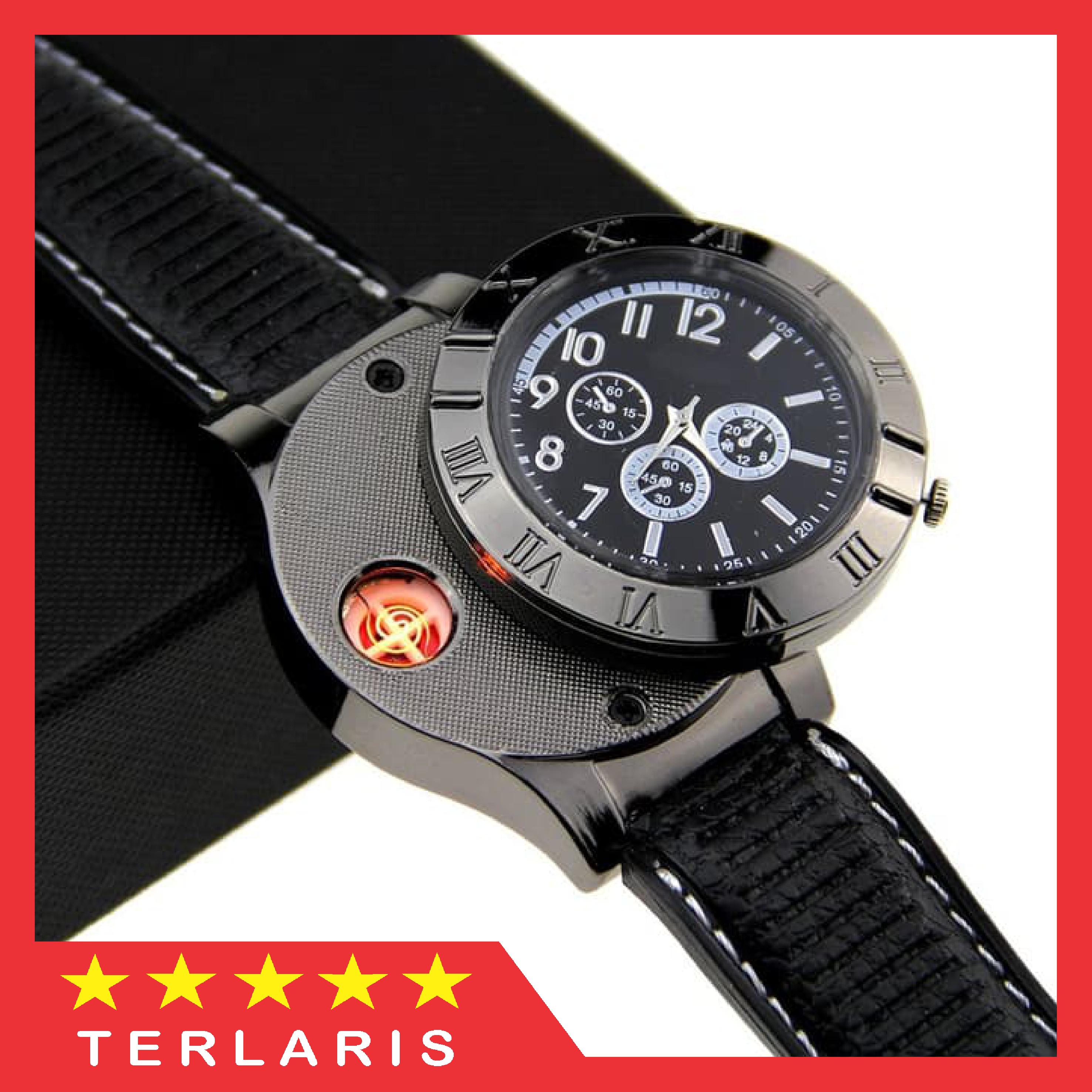 Jam Tangan Pria Korek Elektrik USB Hadiah Api Rokok Quartz COULM - Hitam / Jam Tangan Unik Multifungsi