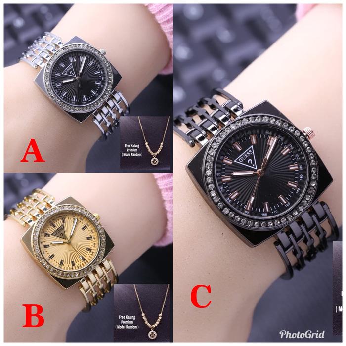 PROMO JAM TANGAN KASUAL GUESS RANTAI 1133 FREE KALUNG WANITA CEWEK PEREMPUAN GUESS FREE KALUNG WATER RESIST TAHAN AIR MODEL TERBARU PROMO DISKON TERLARIS TERMURAH GUESS PERMATA SILVER GOLD ROSEGOD HITAM MURAH