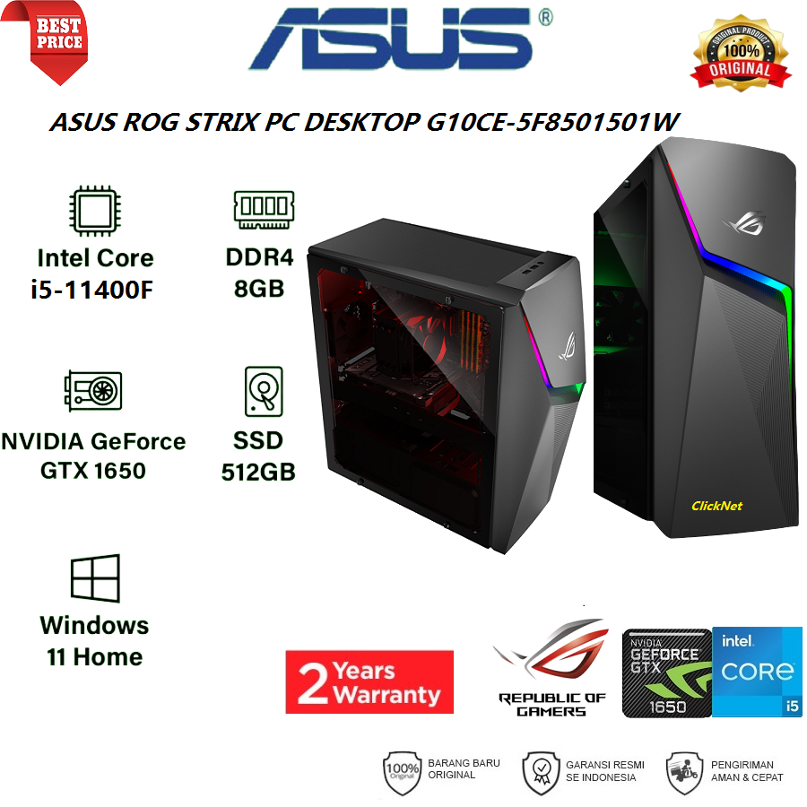 ASUS ROG G10CE5F8501501W PC Desktop I511400F 8GB 512GB SSD GTX1650