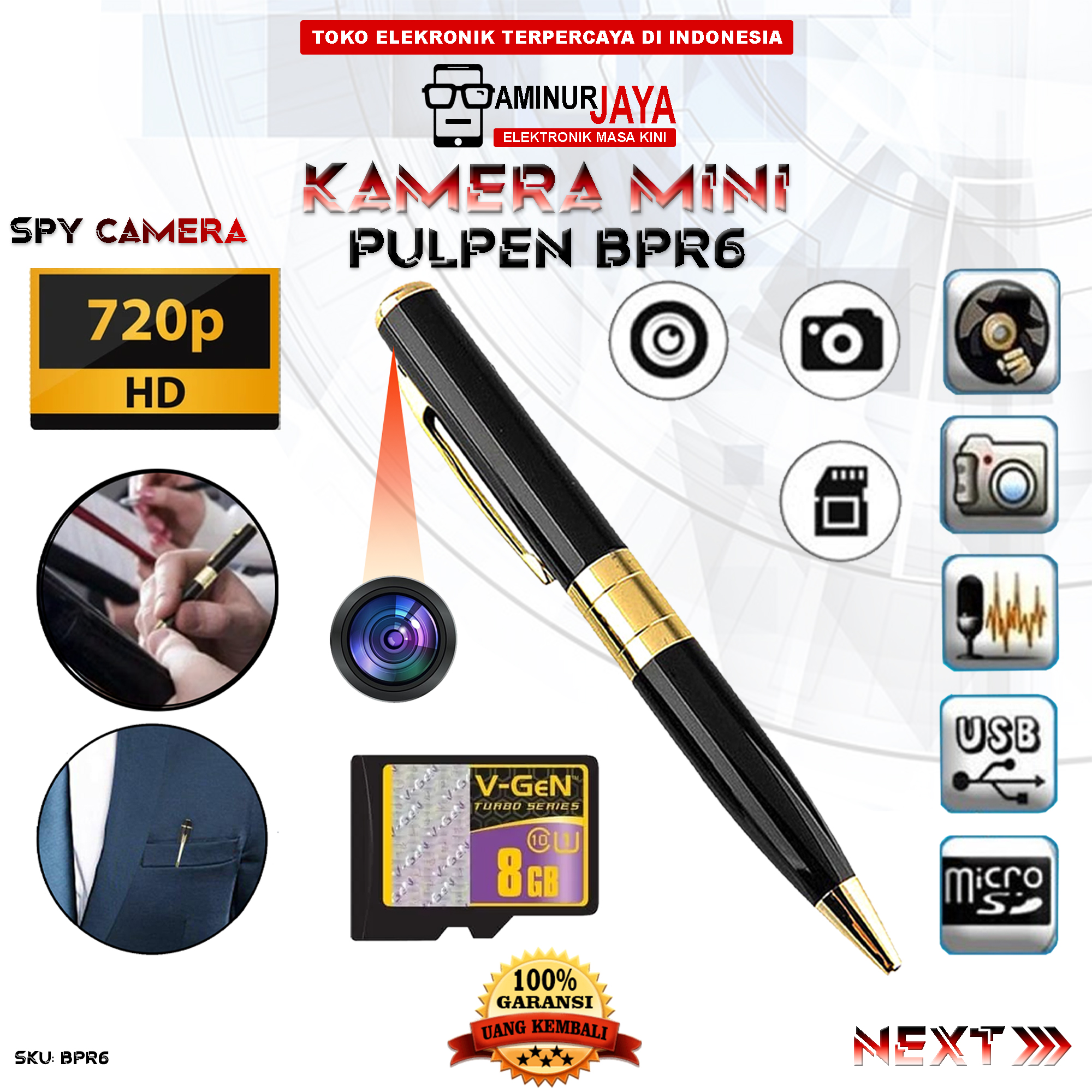 Spy Cam Camera Pulpen BPR 6 Memory 8GB Kamera Full HD 720P Hidden Spycam  Kamera Pengintai Pengawas Keamanan Tersembunyi Model Bolpoint Pena BPR6  Free Memori 8GB Kamera Mata mata Unik Murah Terlaris