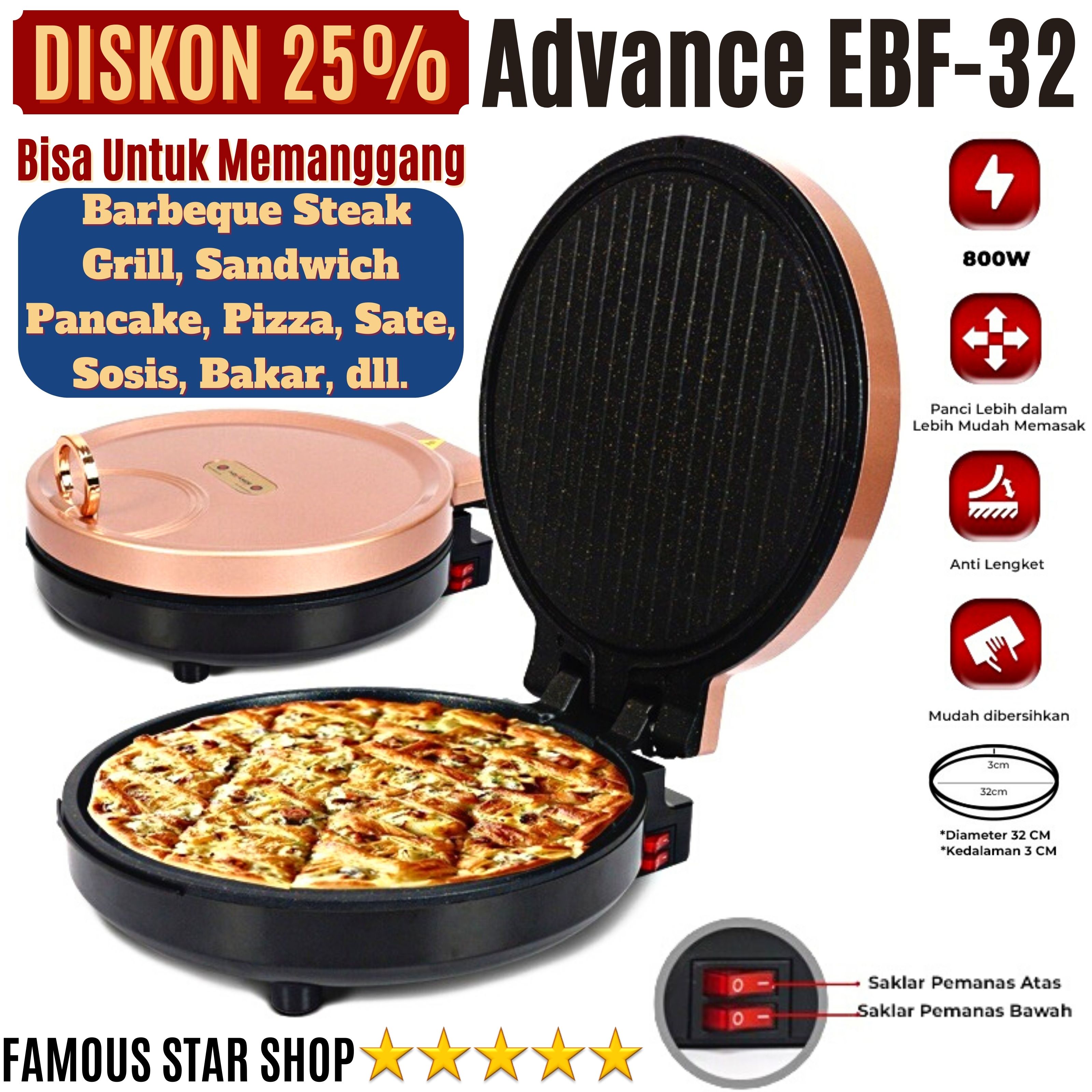 Advance EBF32 Wajan pemanggang elektrik (pemanas dua sisi) Alat