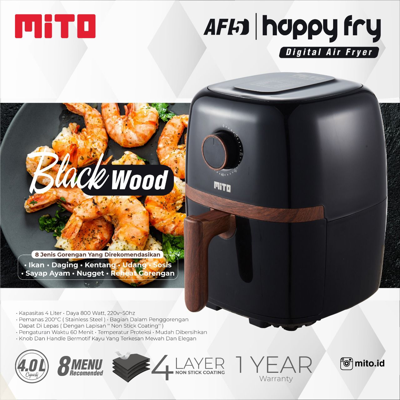 Mito Digital Air Fryer Af5 4 Liter Happy Fry Wood Series Black White