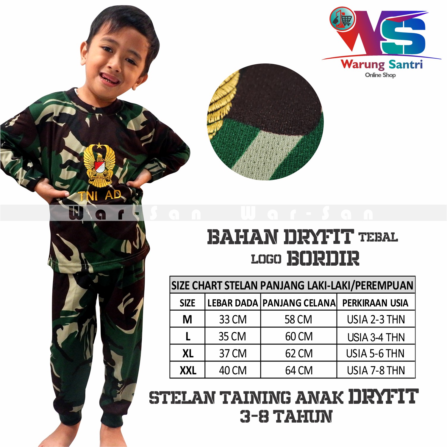 "Baju Tentara Anak Bahan Dryfit / Baju Stelan TNI AD anak / Training