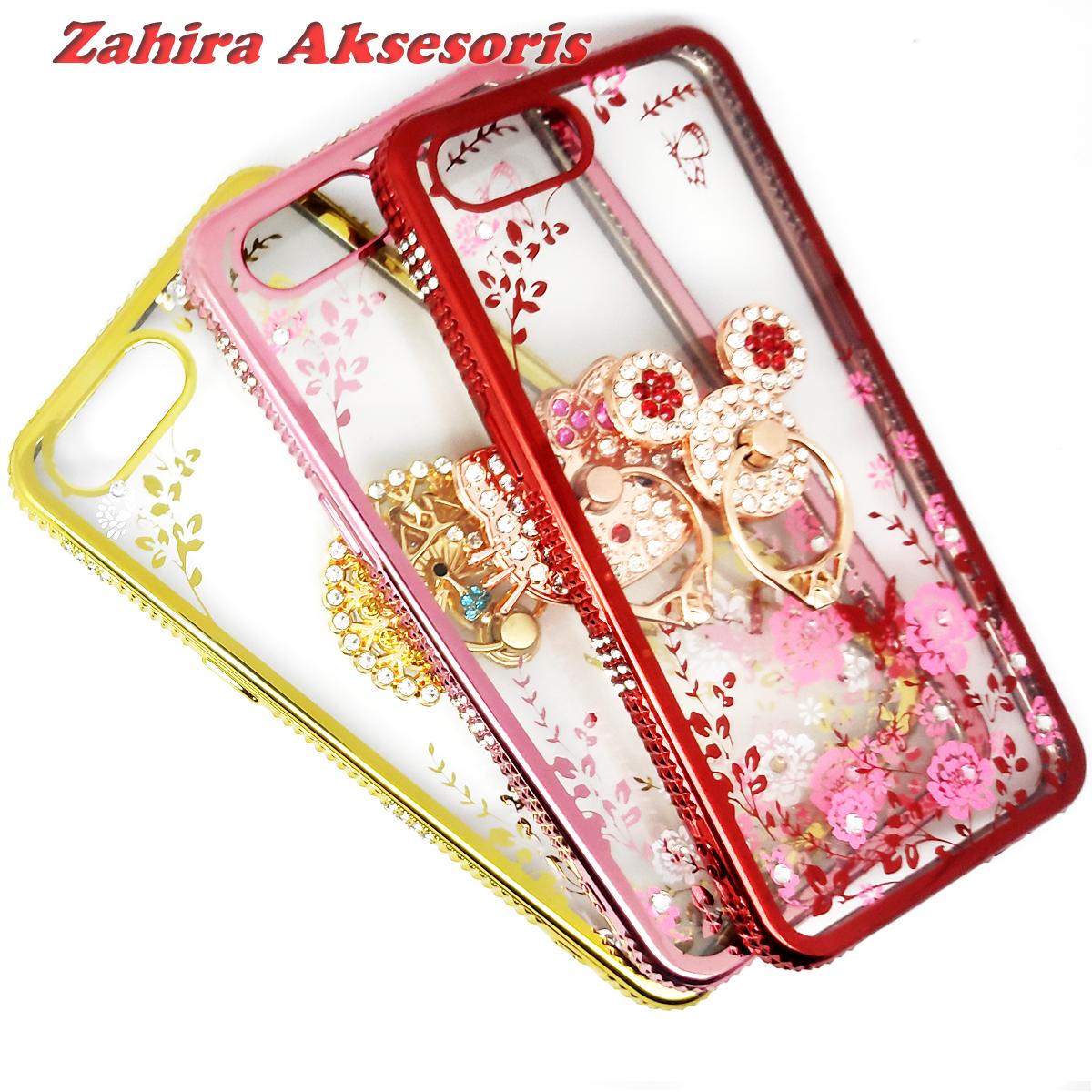 Oppo A3S / A5 / Realme C1 Zahira Case Flower Crystal Diamond Swarovki + Ring Stand Holder
