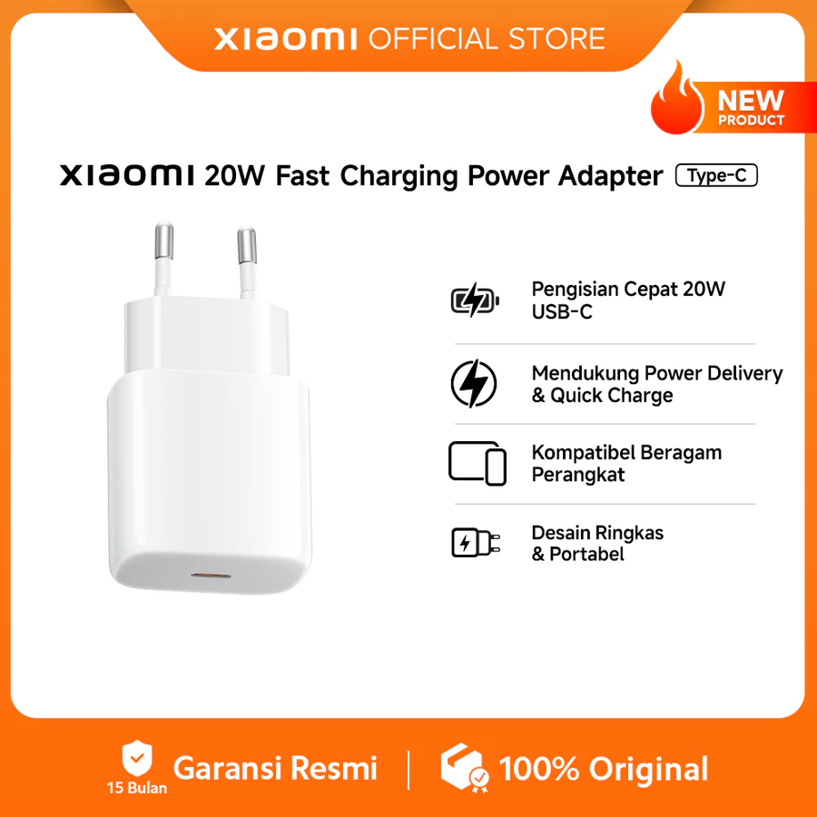 Xiaomi 20W Fast Charging power Adapter (Type-C) | Pengisian Cepat 20W USB-C | Mendukung Power Delivery (PD) & Quick Charge (QC) | Kompatibel Beragam Perangkat | Desain Ringkas & Portabel