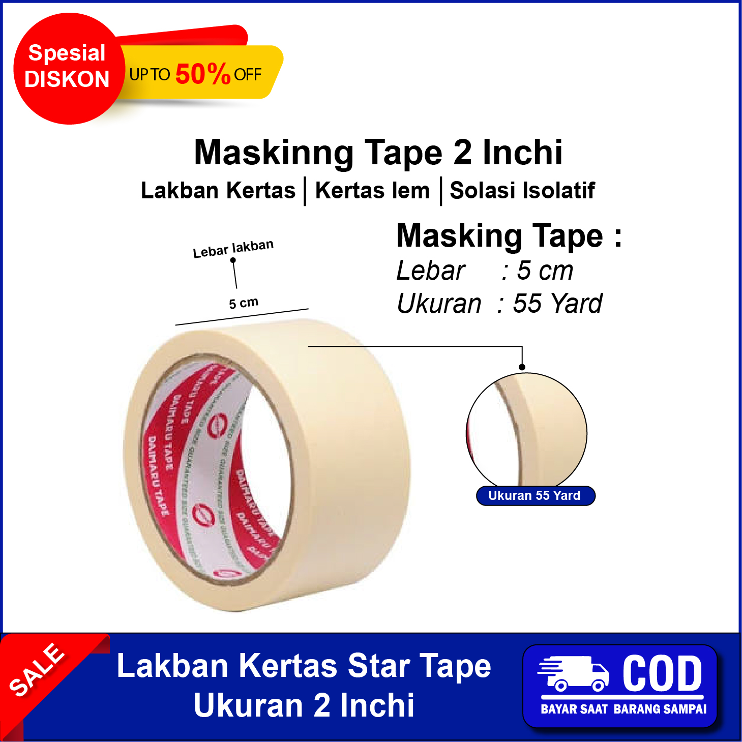 Jual Isolasi Kertas / Lakban Kertas / Masking Tape 1/2 Inch