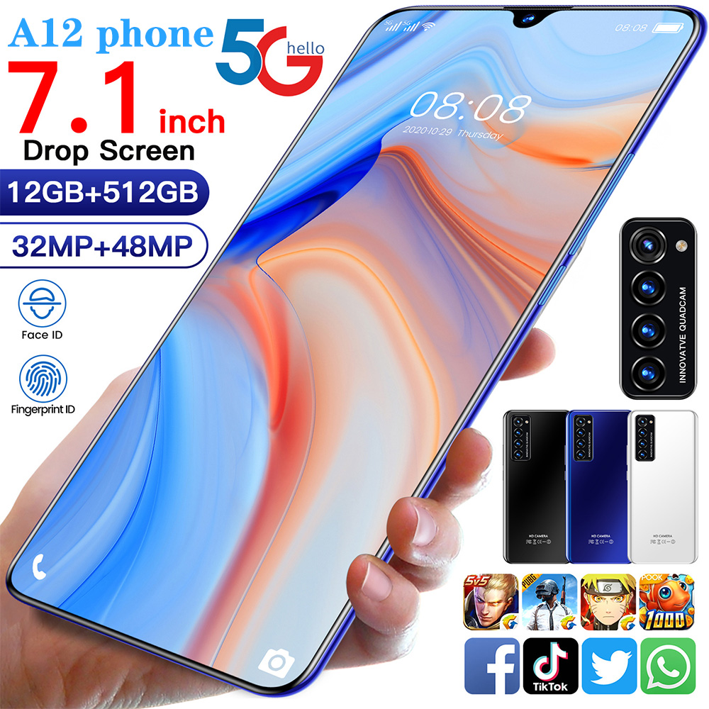 Asli A12 hp terbaru 2021 ram 12 G + 512G a15 2020 baru urah 7.1inch Dual sim dual standby Dukungan multi-bahasa Android OS 10.0 sunfury COD cici DP