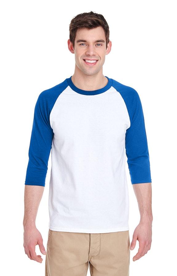 Kaos Polos Raglan 3/4 Dewasa Putih Biru Turkis