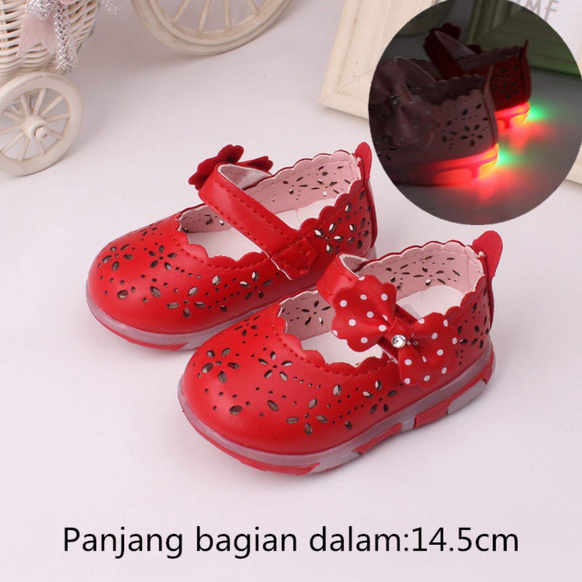 Sandal Bayi Perempuan Walker Balita Pertama SEPATU Lembut Bersol Tumit Kulit PU-lampu Berkedip (Merah)-International