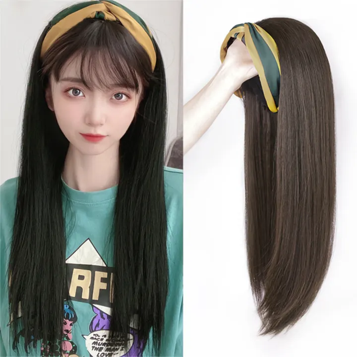 Ccfjtjk Black Women Seamless Half Head Wig Synthetic Hair Extensions Clip On Long Straight Wig Wig With Headband Cap With Hair Fake Hair Hat Wig Lazada Singapore