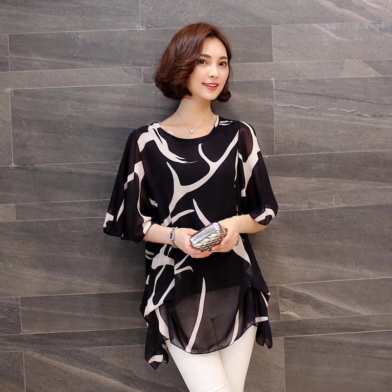 Gaya Korea adik perempuan gemuk pakaian musim panas ukuran besar baju wanita baju kaos 200 pound model setengah panjang Kemeja sifon longgar lengan pendek mm Atasan pasang