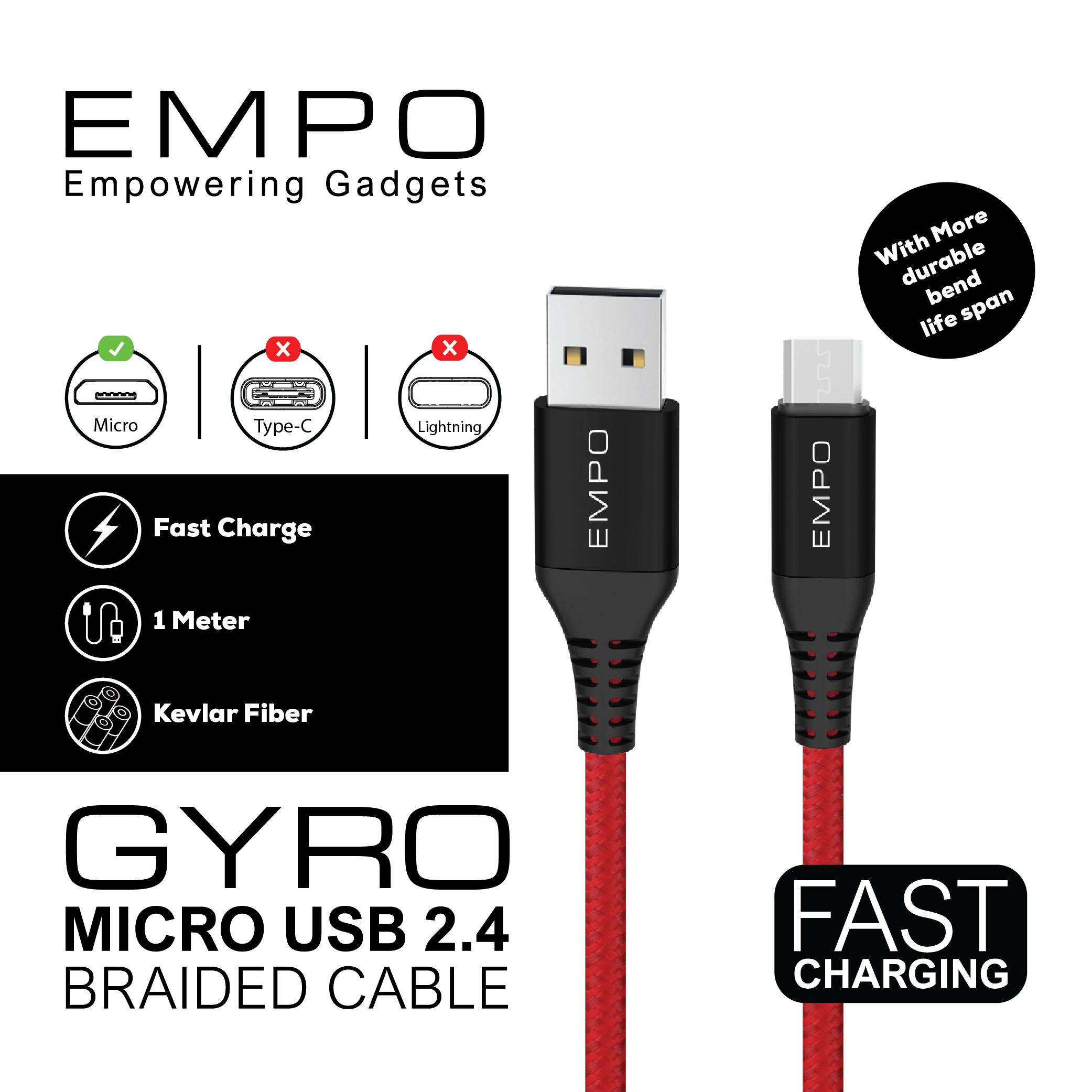 Kabel Charger EMPO GYRO Micro USB 2.4 A Braided Nylon Cable Black/Red GARANSI 18 BULAN