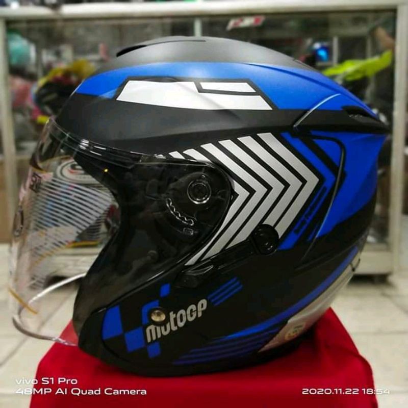 Helm Half Face G2 Optimax Black Yellow Glossy Kaca Double Visor Helm