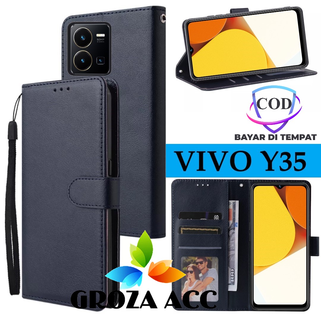 SARUNG BUKU FLIP UNTUK VIVO Y35 LEATHER CASE FLIP- WALLET CASE