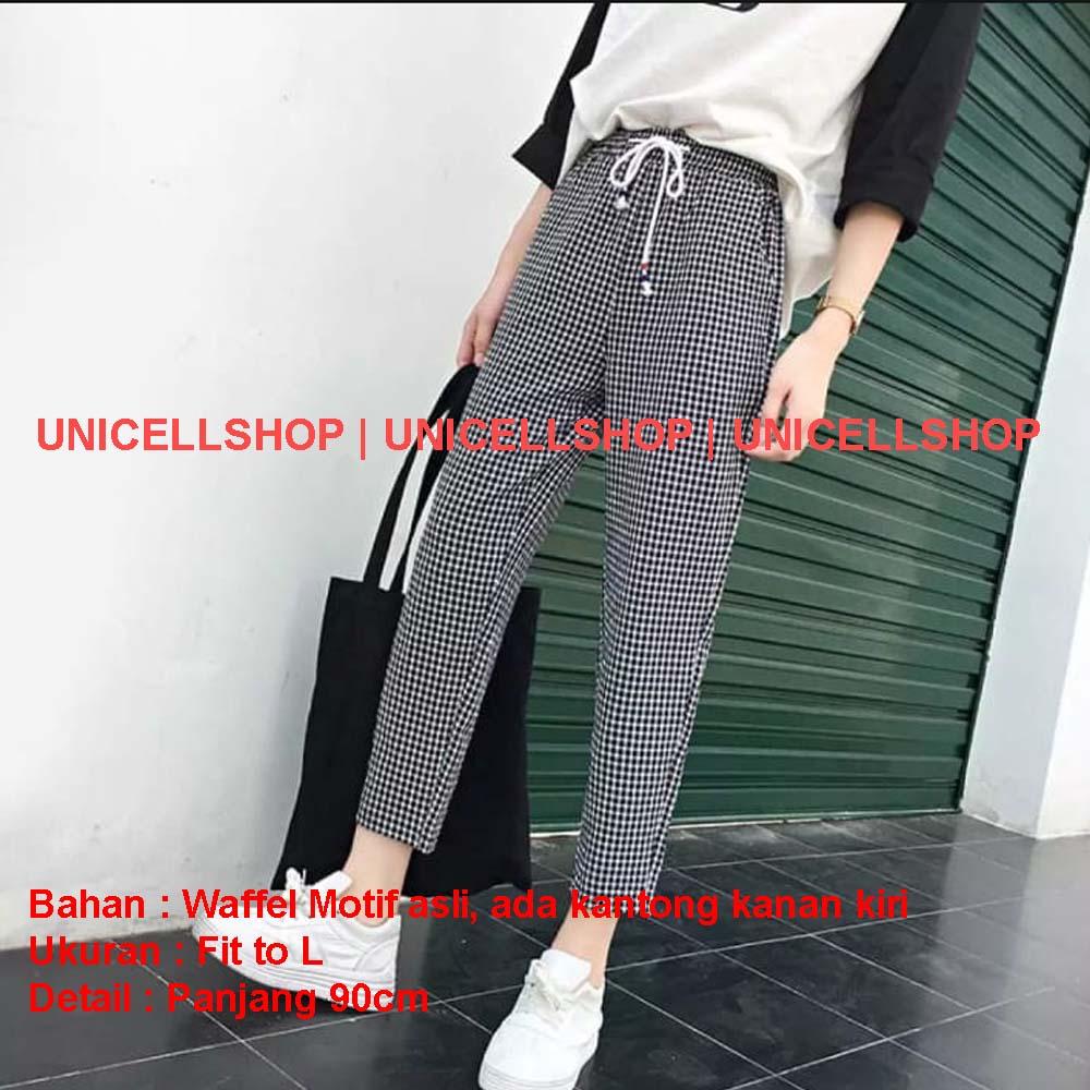 UC Celana panjang wanita motif kotak / Celana kerja wanita / Pants Casual motif Square / Celana Casual Kasual Joger Ukuran plus jumbo / Celana gaya fashion korea korean / Celana Pinggang Karet / satu warna XX ( lanace takko) - Hitam