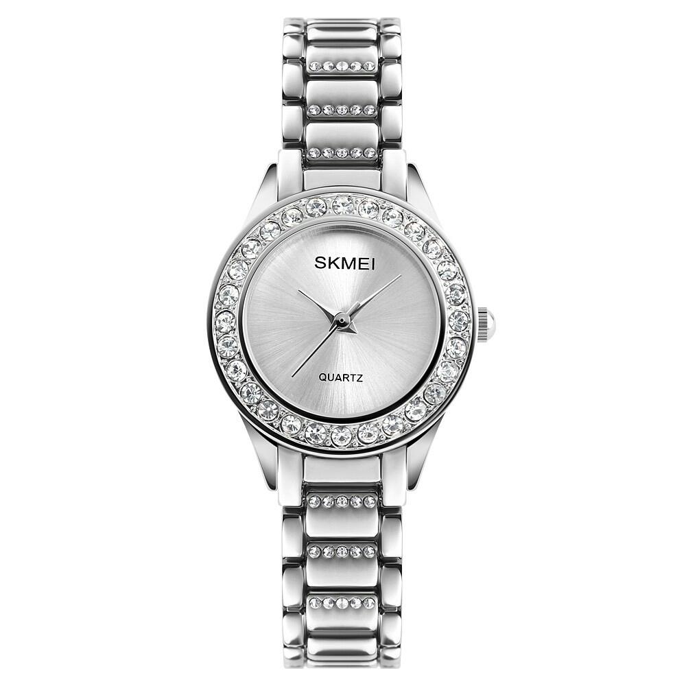 SKMEI Jam Tangan Wanita Rhinestone Fashion Analog Watch 1262 A1262 Water Resistant Anti Air WR 30m Diameter 26mm Casual Ladies Feminim Strap Tali Steel Women Accessories Blink Trendy Model Baru Wristwatch Wrist Watch Penunjuk Waktu - Silver