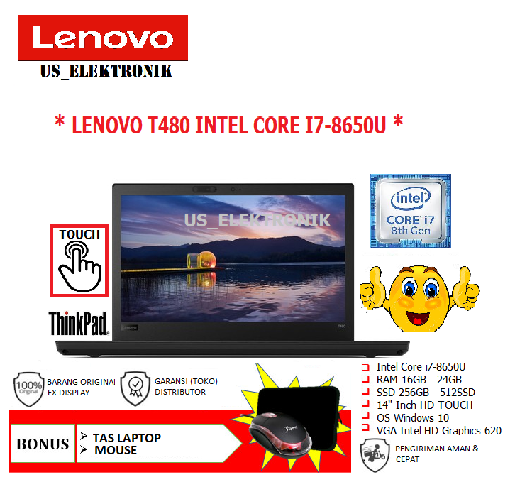 LAYAR SENTUH LAPTOP LENOVO THINKPAD T480 INTEL CORE I7 RAM 16GB