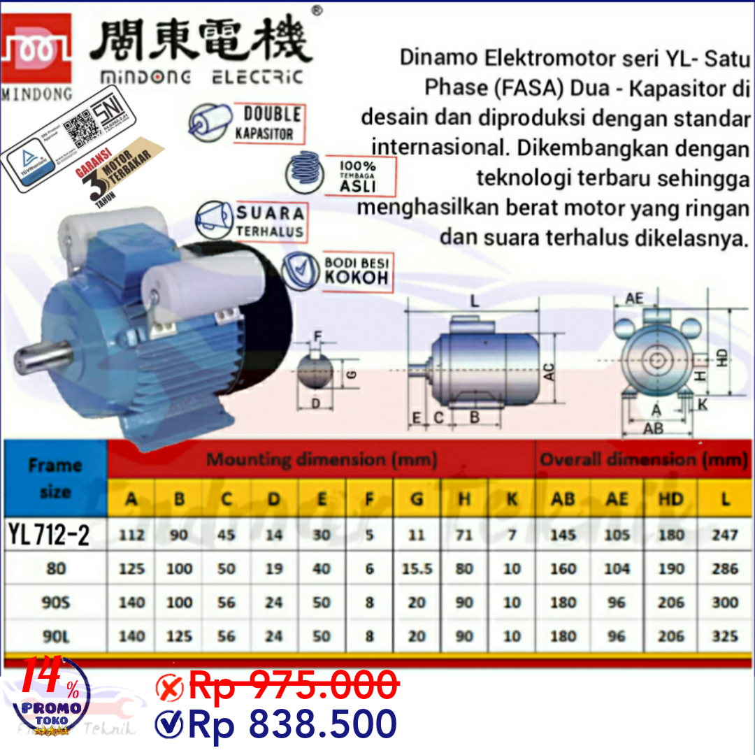 Dinamo elektro motor 1 phase 3/4 hp 3/4 pk 2820 Rpm Mindong YL712-2
