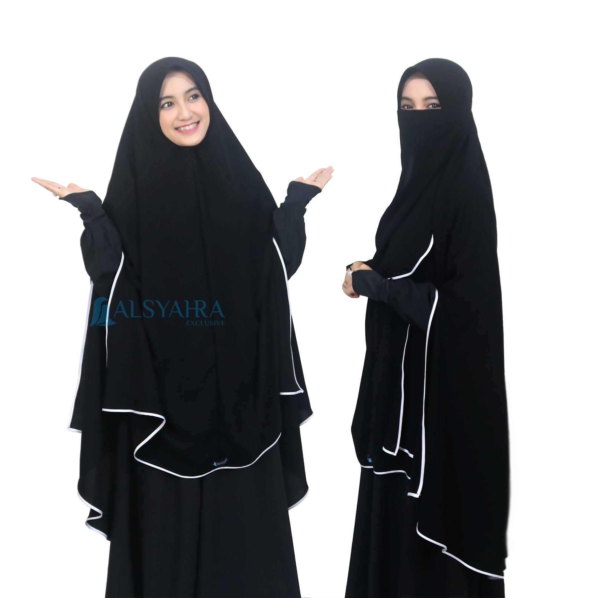 Set Khimar Syari Handsplit Pet Cadar Tali Bisban Jetblack Alsyahra Exclusive