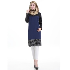 008 Pabrik Grosir Berkualitas Tinggi Chiffon Dewasa Kotak-kotak Jahitan Ritsleting Kaftan Abaya Abaya Turki Muslim Lady Gaun Biru Gelap- INTL