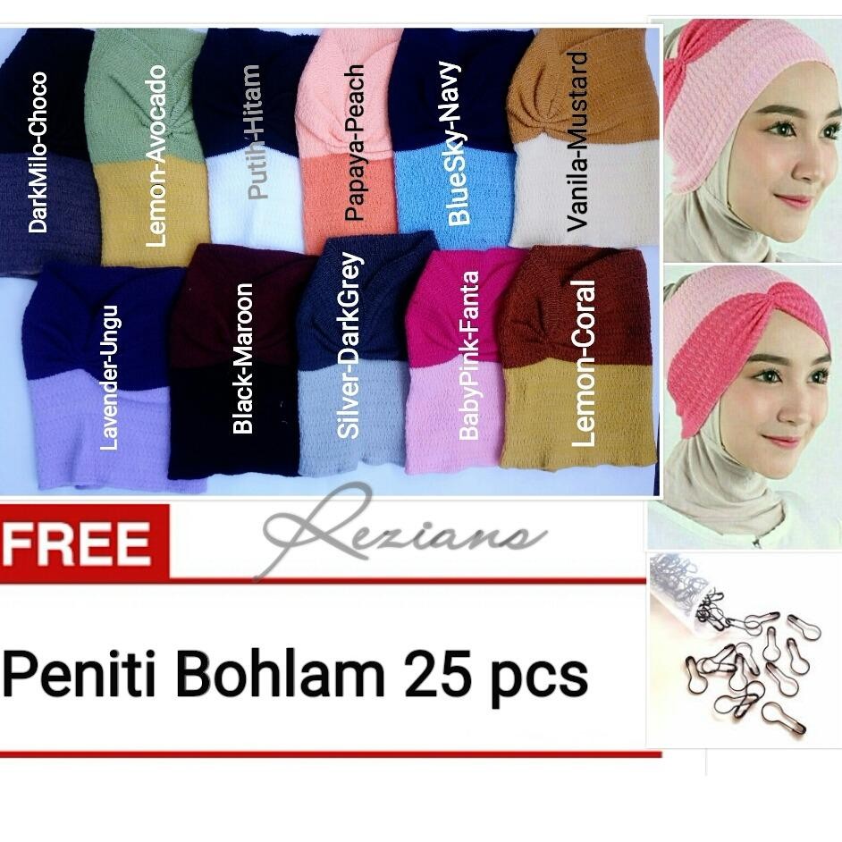 11pcs Bandana Ciput Rajut Risty Kerut Dua Warna Bonus PENITI BOHLAM 25 pc