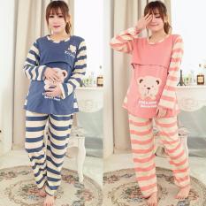 2 Piece Set Katun Rajutan Wanita Hamil Piyama Menyusui Pakaian BIRU-Intl