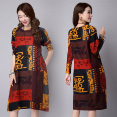 2015 Musim Gugur dan Musim Dingin Ukuran Wanita Retro Lengan Panjang O-neck Katun dan Linen Tertera Baju Pakaian Kasual Baju Vestidos 3293-Intl
