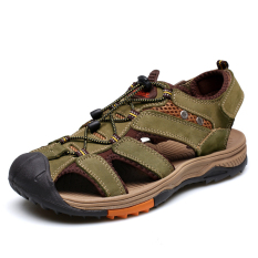 2016 Pria Luar Yang Nyaman Sandal Sandal Karet Sole Kulit Asli Cowhide Casual Summer BEACH SANDAL Sepatu (Hijau Army)