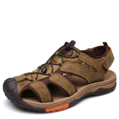 2016 Pria Luar Yang Nyaman Sandal Sandal Karet Sole Kulit Asli Cowhide Casual Summer BEACH SANDAL Sepatu (Hijau Army) -Intl