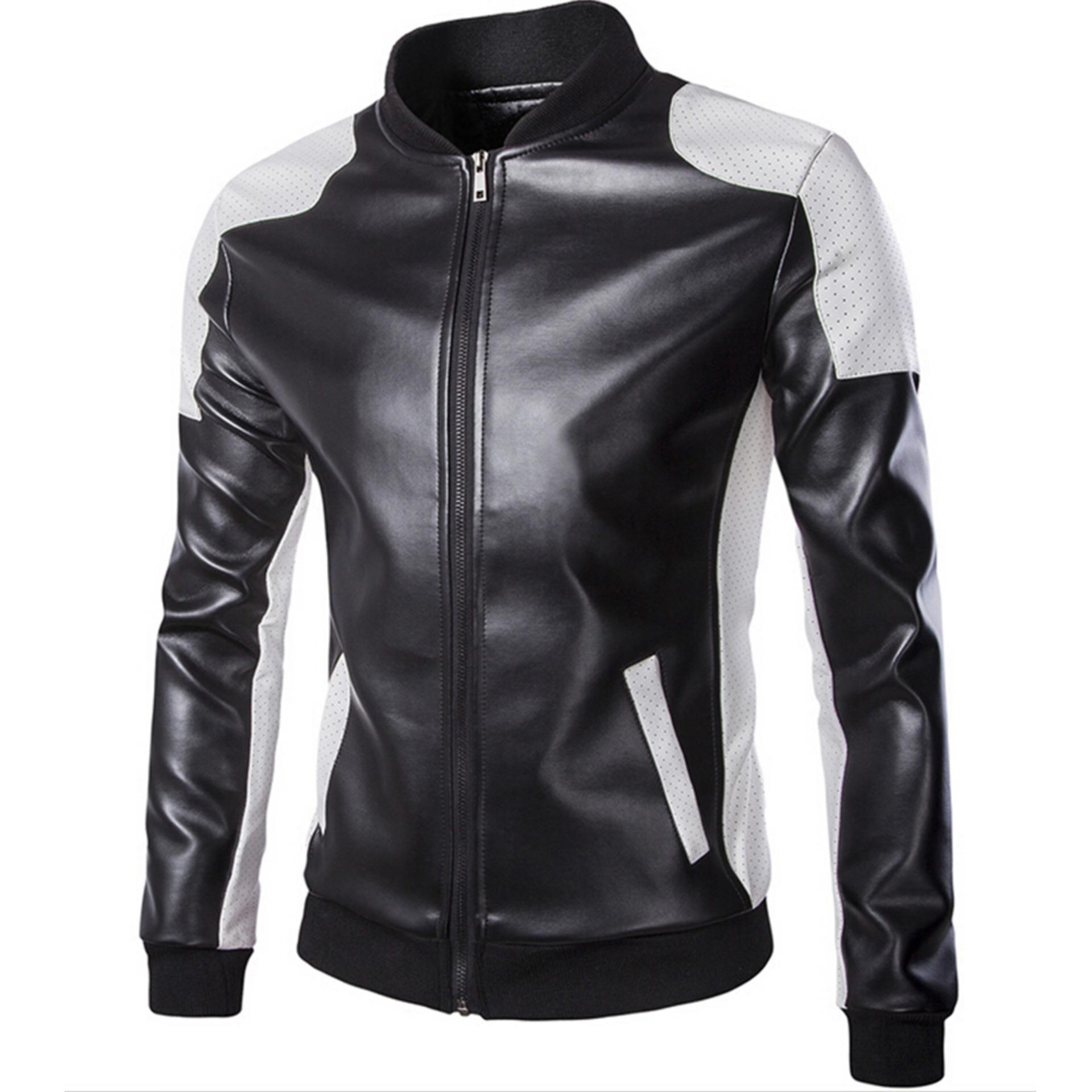 2016 Pria Fashion Slim Jaket Kulit Motor Kulit Ritsleting Mantel Jahitan Pakaian Kulit untuk Pria (Hitam)-Intl