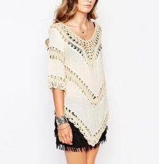 2016 Baru Musim Panas Pantai Shirt Collar Merajut Jahitan Tassel V Tujuh Hollow Lengan Blus Dress Grosir-Intl